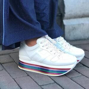 White & Metallic Rainbow Platform Lace Up Sneaker - Festival Pride Colorful Art